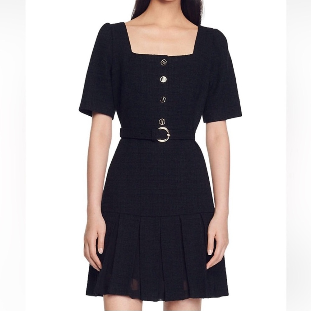 Sandro Women's Black Belted Pleated Tweed Mini Dress